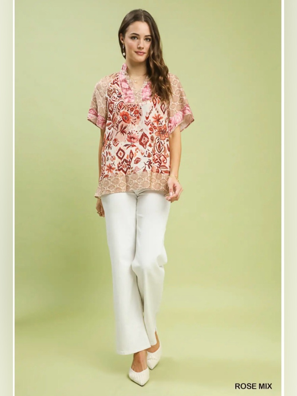 Umgee Mixed Print V-Neck Short Sleeve Top | Rose Mix Boho Patchwork Blouse🛍️